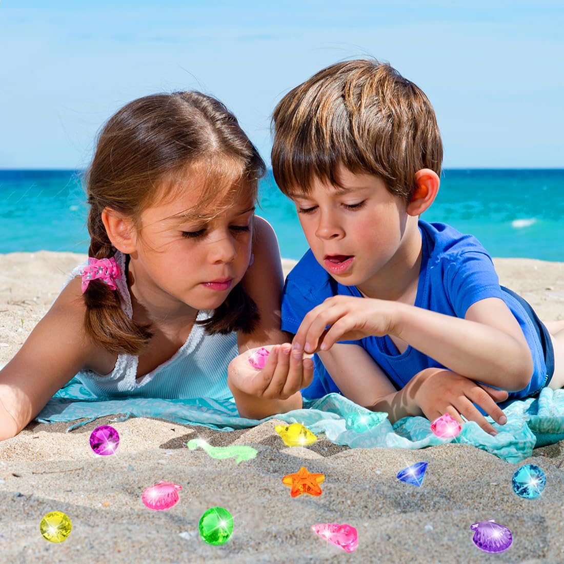 Prehalpty 60-Piece Diving Pool Toys Set: Acrylic Gems & Sea Creatures for Underwater Treasure Hunts, Includes Mesh Bag