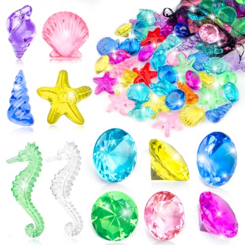 Prehalpty 60-Piece Diving Pool Toys Set: Acrylic Gems & Sea Creatures for Underwater Treasure Hunts, Includes Mesh Bag