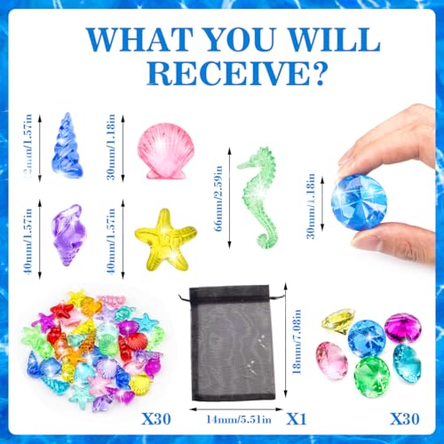 Prehalpty 60-Piece Diving Pool Toys Set: Acrylic Gems & Sea Creatures for Underwater Treasure Hunts, Includes Mesh Bag