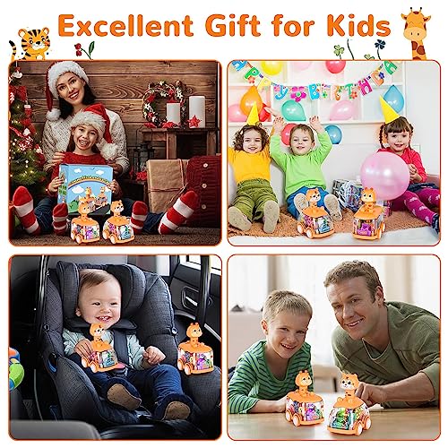 Press and Go Car for Toddlers 1-5 Years - Light Up Animal Cars with Giraffe & Tiger - No Batteries Needed