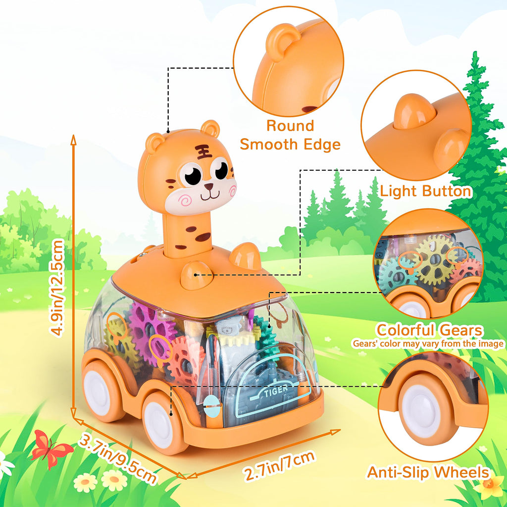 Press and Go Car for Toddlers 1-5 Years - Light Up Animal Cars with Giraffe & Tiger - No Batteries Needed