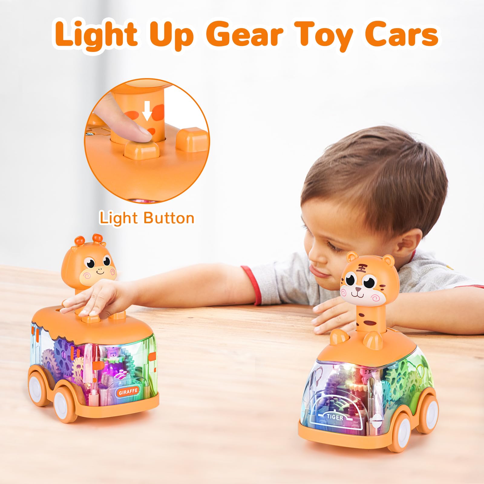 Press and Go Car for Toddlers 1-5 Years - Light Up Animal Cars with Giraffe & Tiger - No Batteries Needed