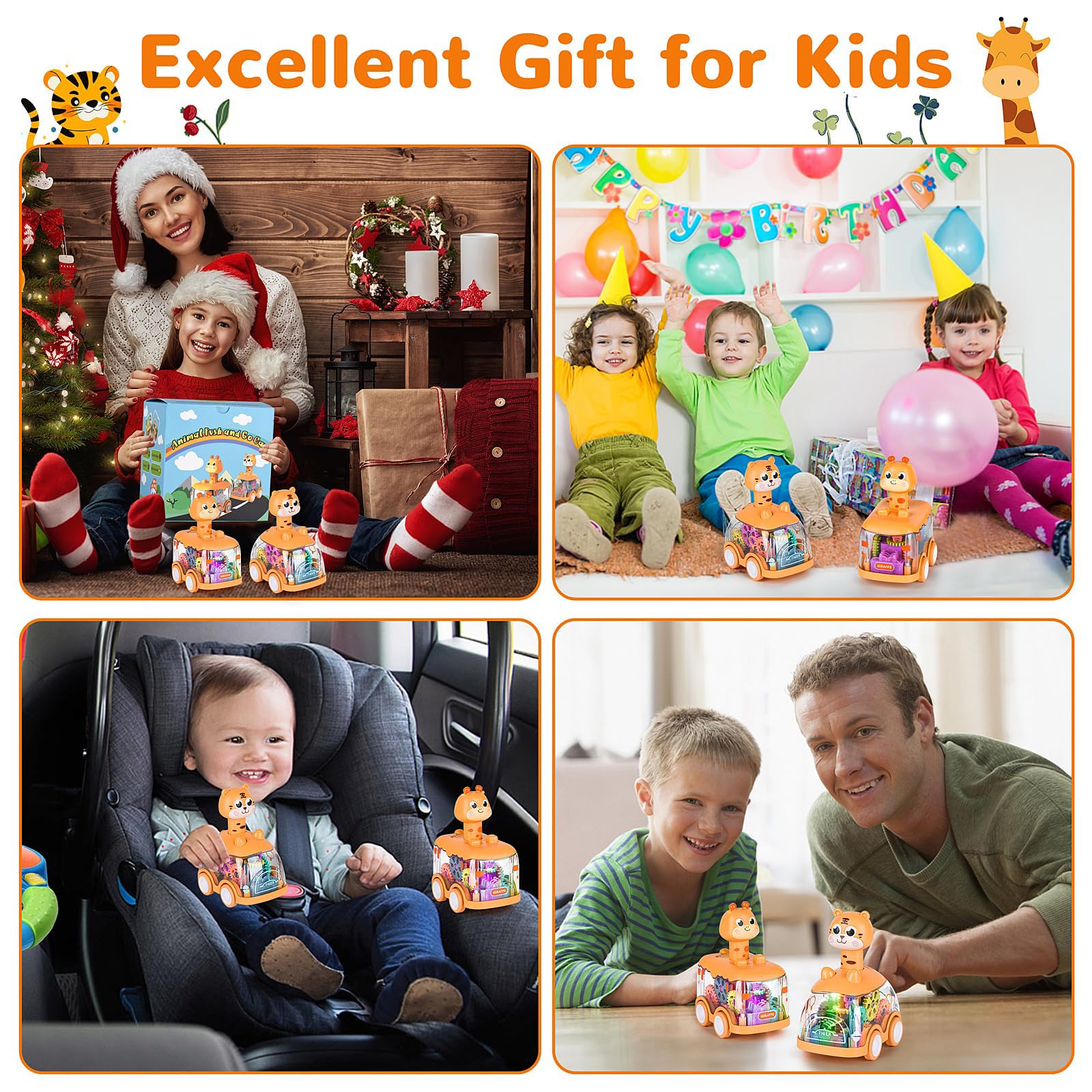 Press and Go Car for Toddlers 1-5 Years - Light Up Animal Cars with Giraffe & Tiger - No Batteries Needed