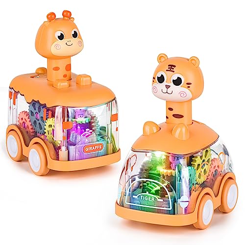 Press and Go Car for Toddlers 1-5 Years - Light Up Animal Cars with Giraffe & Tiger - No Batteries Needed