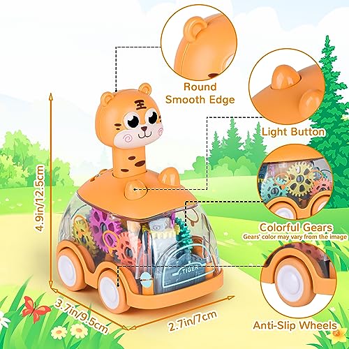 Press and Go Car for Toddlers 1-5 Years - Light Up Animal Cars with Giraffe & Tiger - No Batteries Needed
