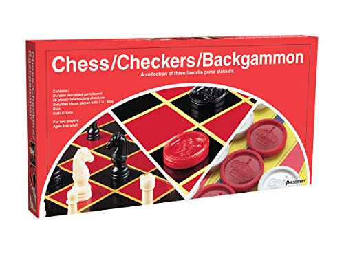 Pressman 3-in-1 Board Game Set: Chess, Checkers & Backgammon – Full Size Staunton Pieces & Interlocking Checkers, Ages 8+