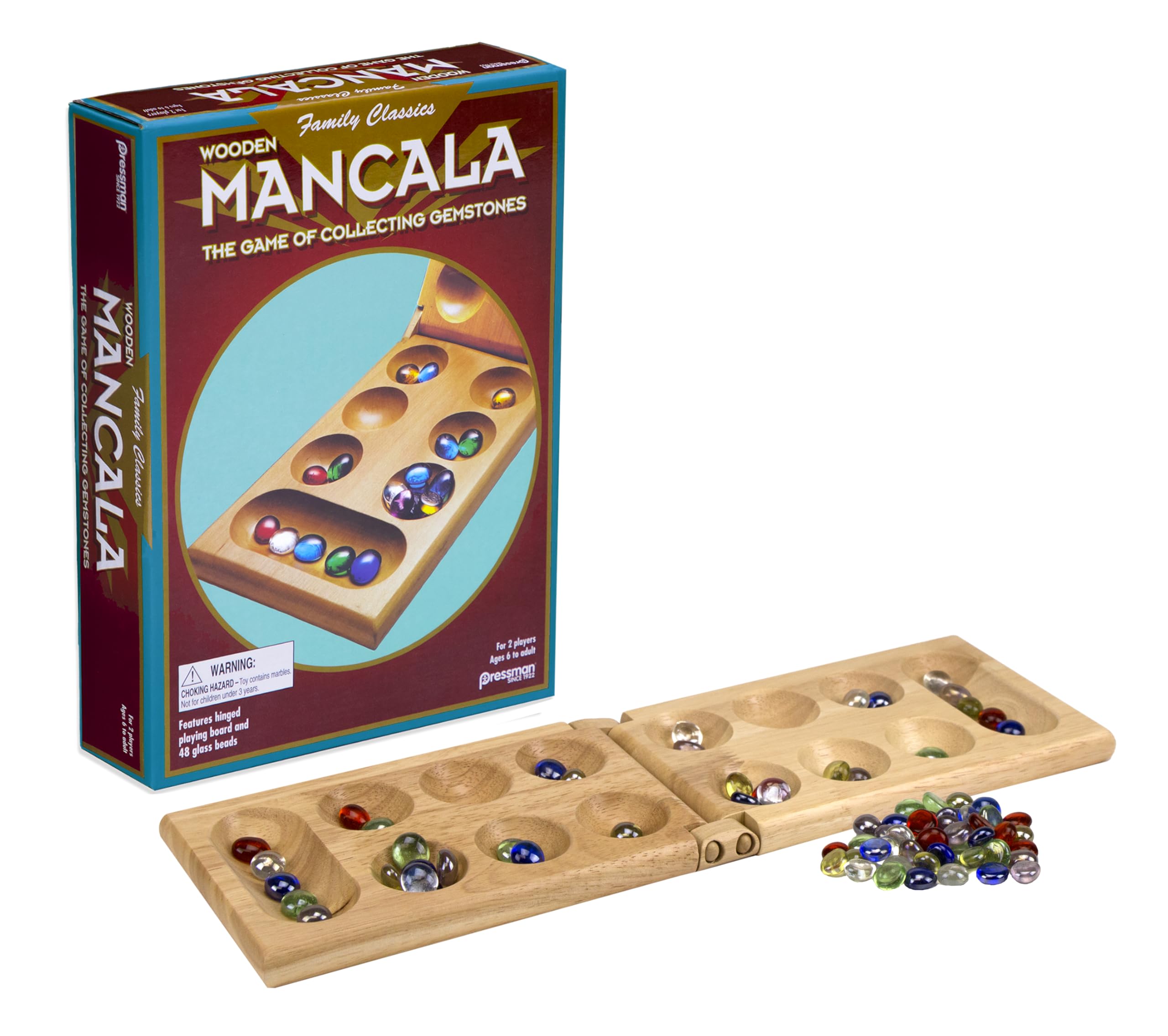 Pressman Mancala Board Game – Wooden Folding Set with 48 Stones for 2 Players, Ages 6+