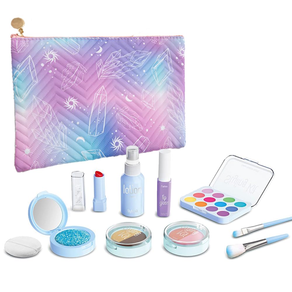 Pretend Makeup Kit for Girls - 11 Piece Play Makeup Set with Bag, Blue (WenToyce)