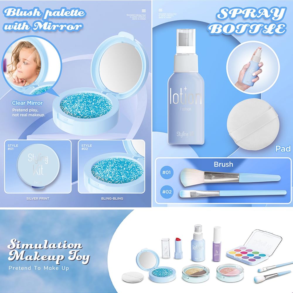 Pretend Makeup Kit for Girls - 11 Piece Play Makeup Set with Bag, Blue (WenToyce)