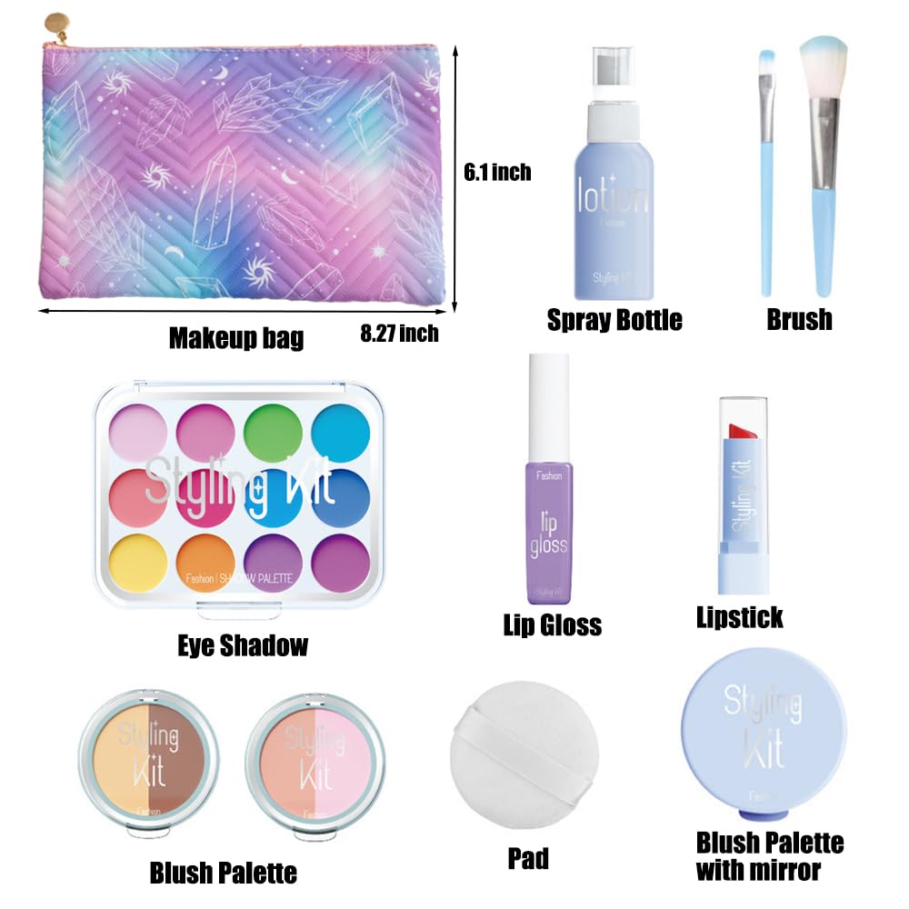 Pretend Makeup Kit for Girls - 11 Piece Play Makeup Set with Bag, Blue (WenToyce)