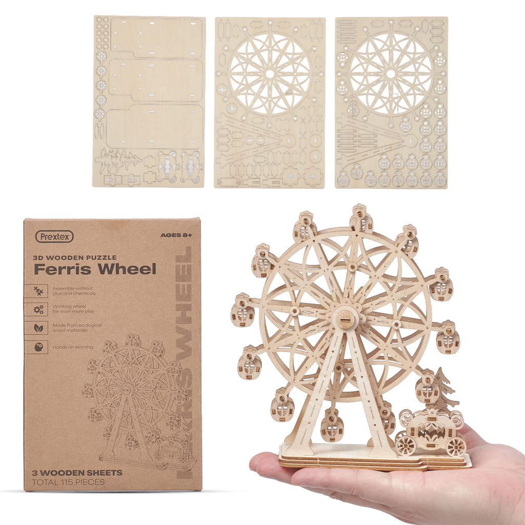Prextex Ferris Wheel 3D Wooden Puzzle – 115 Precision Pieces, No Glue Needed, Fun Educational Model for Ages 8+