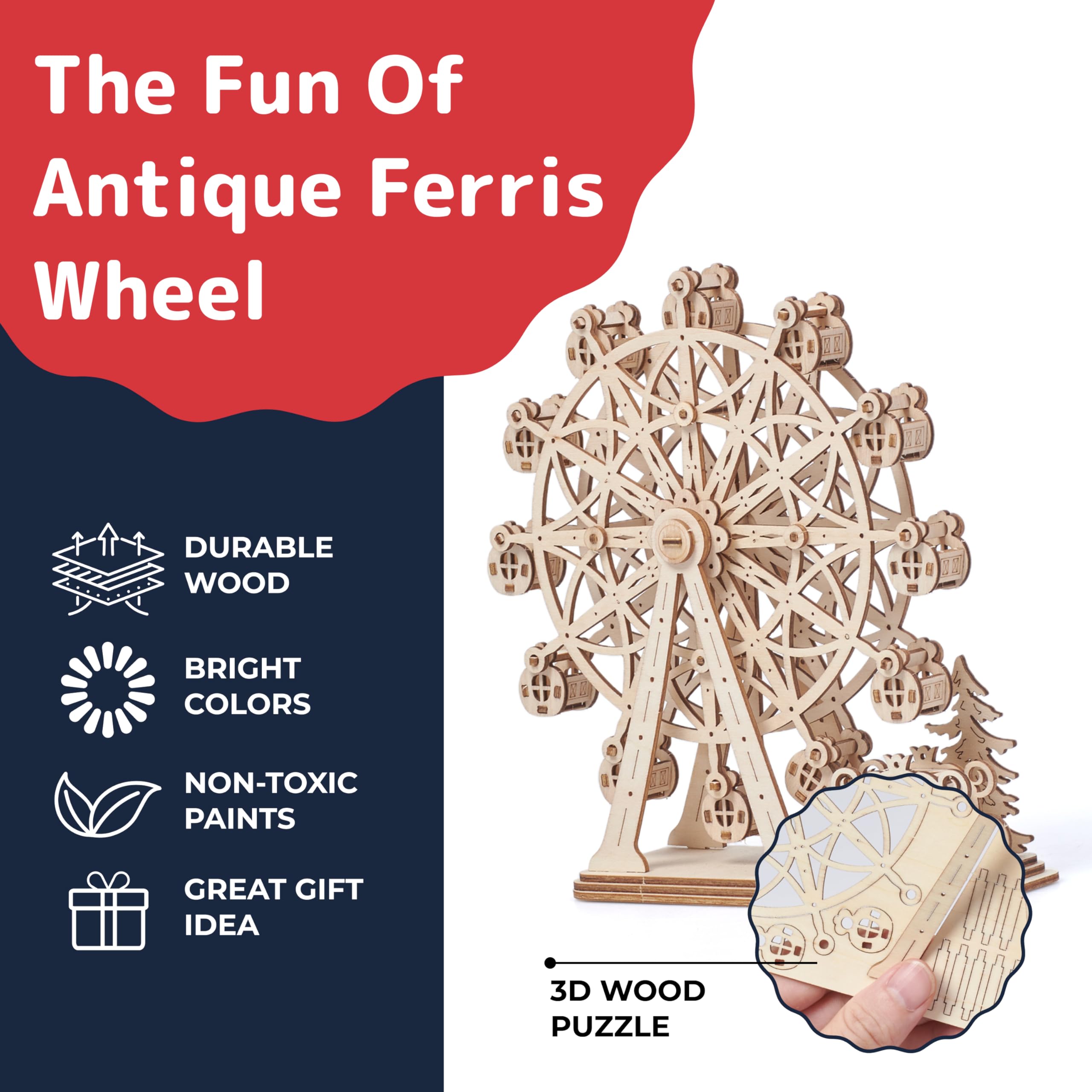 Prextex Ferris Wheel 3D Wooden Puzzle – 115 Precision Pieces, No Glue Needed, Fun Educational Model for Ages 8+