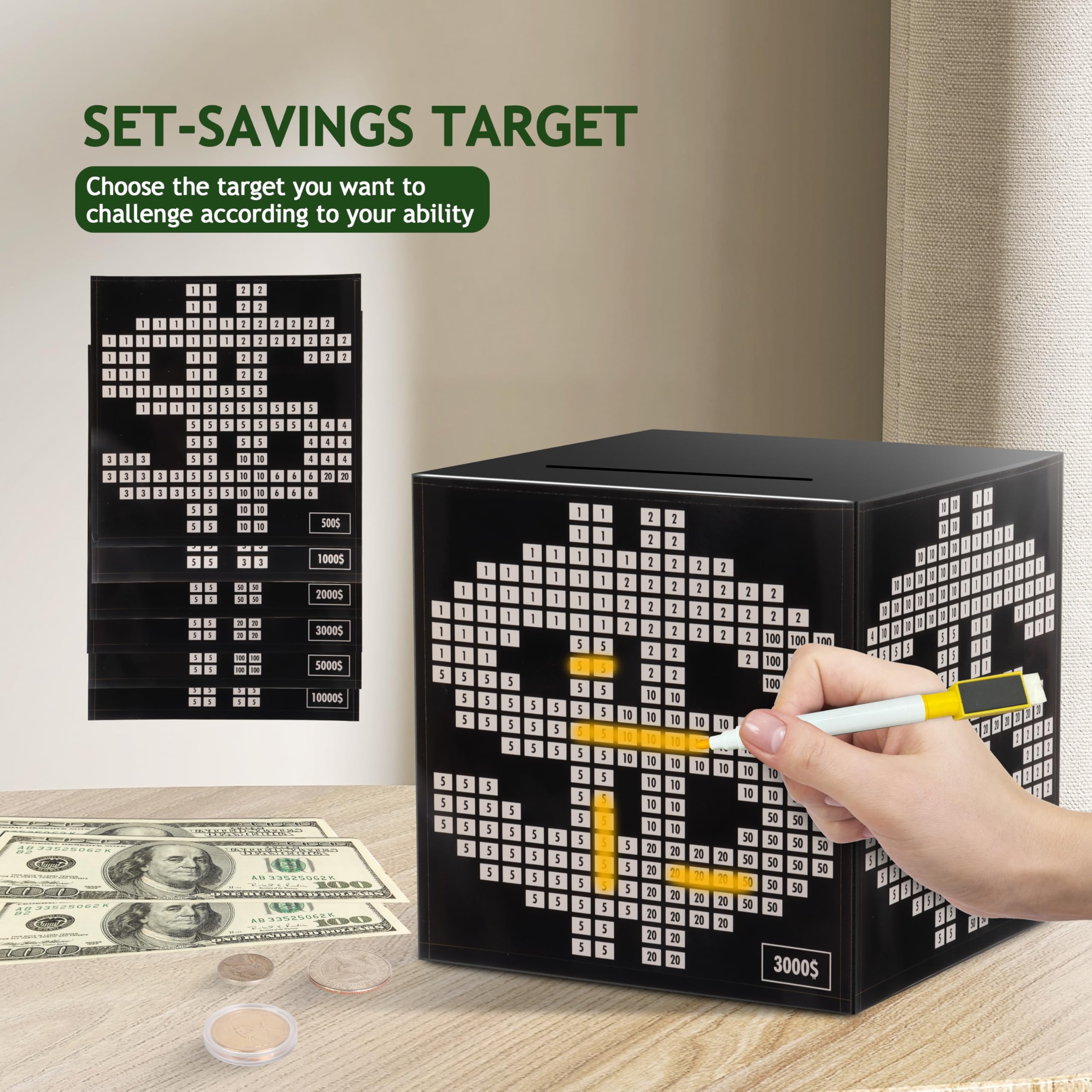 Primo Lines Money Saving Box Challenge - Metal Savings Box with Goal Tracker for Kids and Adults - Holds Up to 700 Bills or 4,000 Coins