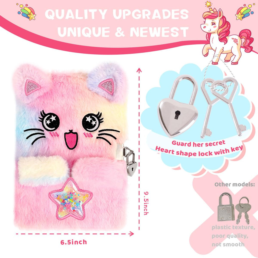 PrinBarBee Cat Diary for Girls with Lock and Keys – Fuzzy Tie-Dye Journal A5