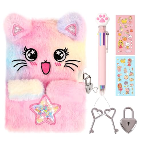 PrinBarBee Cat Diary for Girls with Lock and Keys – Fuzzy Tie-Dye Journal A5