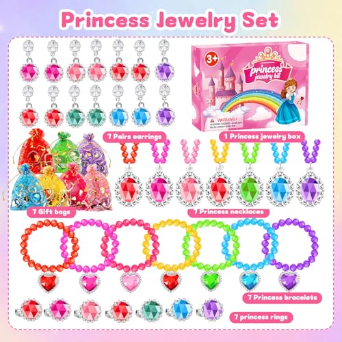 Princess Jewelry Set for Little Girls – 28 Pieces with Necklaces, Bracelets, Rings, and Clip-On Earrings