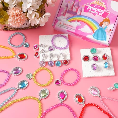 Princess Jewelry Set for Little Girls – 28 Pieces with Necklaces, Bracelets, Rings, and Clip-On Earrings