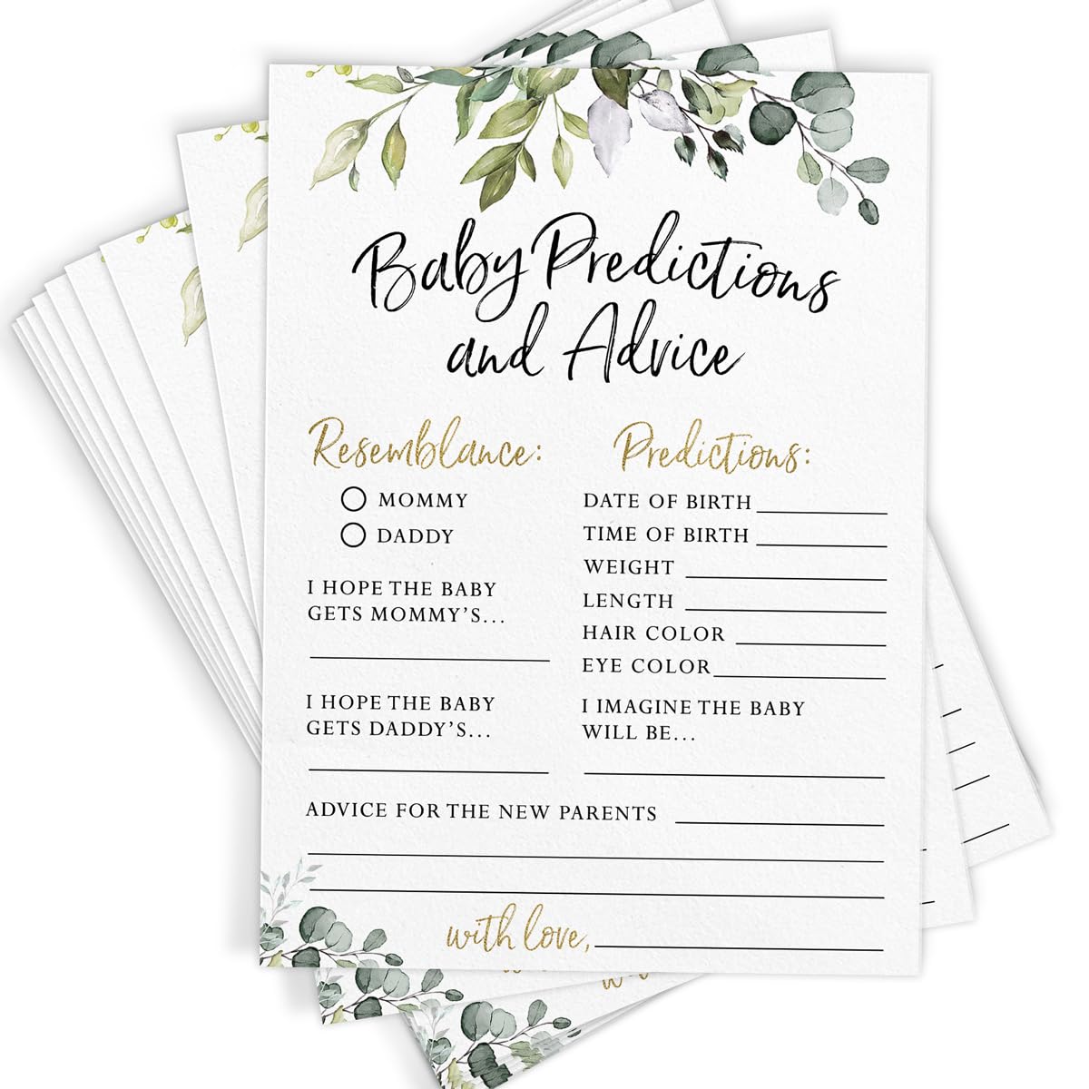 Printed Party Baby Shower Prediction & Advice Cards – 30 Eucalyptus Greenery Cards for Gender Reveal, Fun Party Game, Keepsake for New Parents