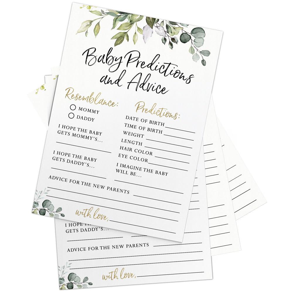 Printed Party Baby Shower Prediction & Advice Cards – 30 Eucalyptus Greenery Cards for Gender Reveal, Fun Party Game, Keepsake for New Parents