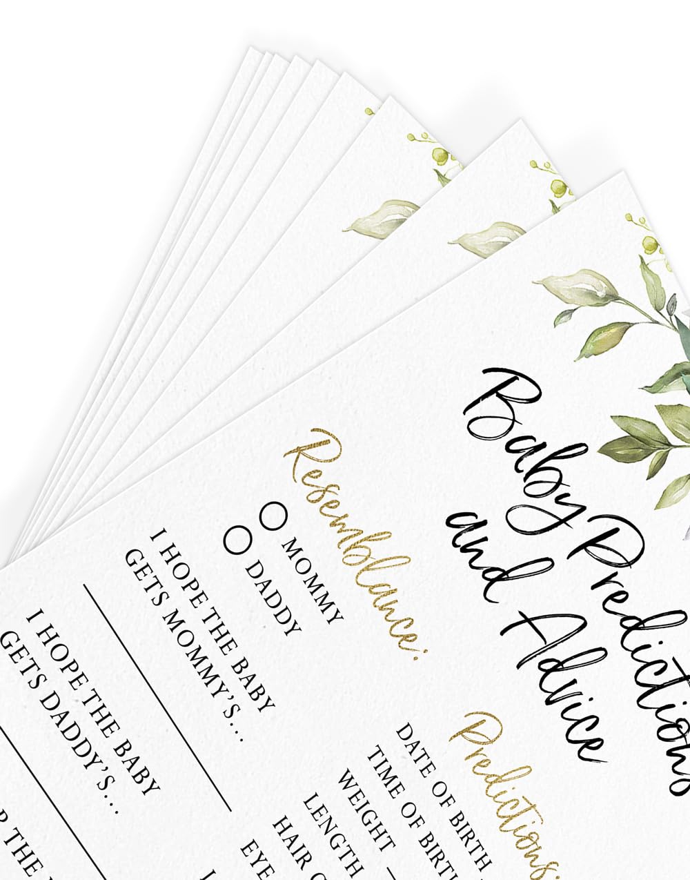 Printed Party Baby Shower Prediction & Advice Cards – 30 Eucalyptus Greenery Cards for Gender Reveal, Fun Party Game, Keepsake for New Parents