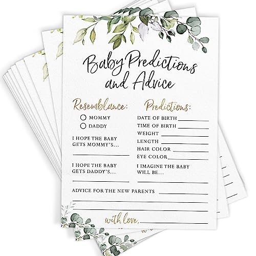 Printed Party Baby Shower Prediction & Advice Cards – 30 Eucalyptus Greenery Cards for Gender Reveal, Fun Party Game, Keepsake for New Parents