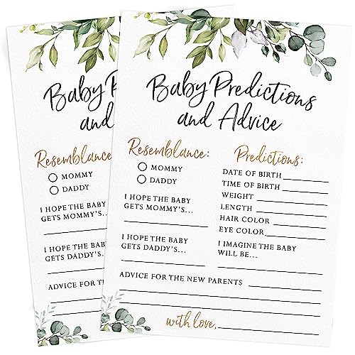 Printed Party Baby Shower Prediction & Advice Cards – 30 Eucalyptus Greenery Cards for Gender Reveal, Fun Party Game, Keepsake for New Parents