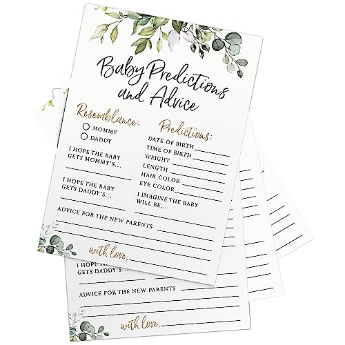Printed Party Baby Shower Prediction & Advice Cards – 30 Eucalyptus Greenery Cards for Gender Reveal, Fun Party Game, Keepsake for New Parents