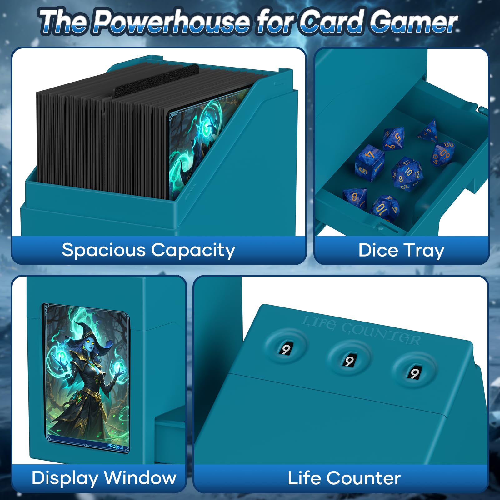 Proijeut Commander Deck Box with Life Counter - Holds 100+ Double-Sleeved Cards, Teal