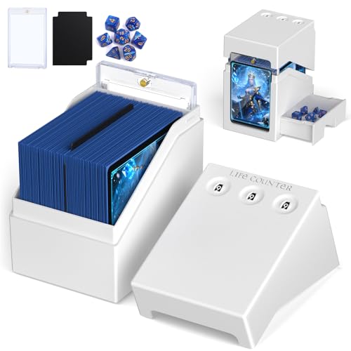 Proijeut MTG Deck Box with Life Counter, Commander Display & Dice Tray – Fits 100 Double-Sleeved Cards, White