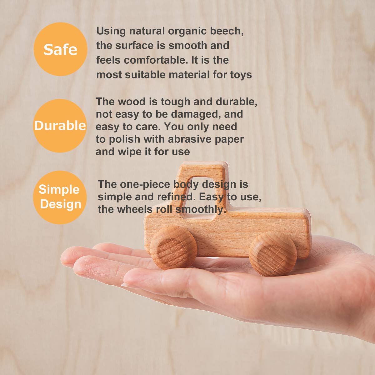 Promise Babe 2-Pack Wooden Truck Rattles – Natural Beech Teether Toy for Infants, Montessori Grasping Toy