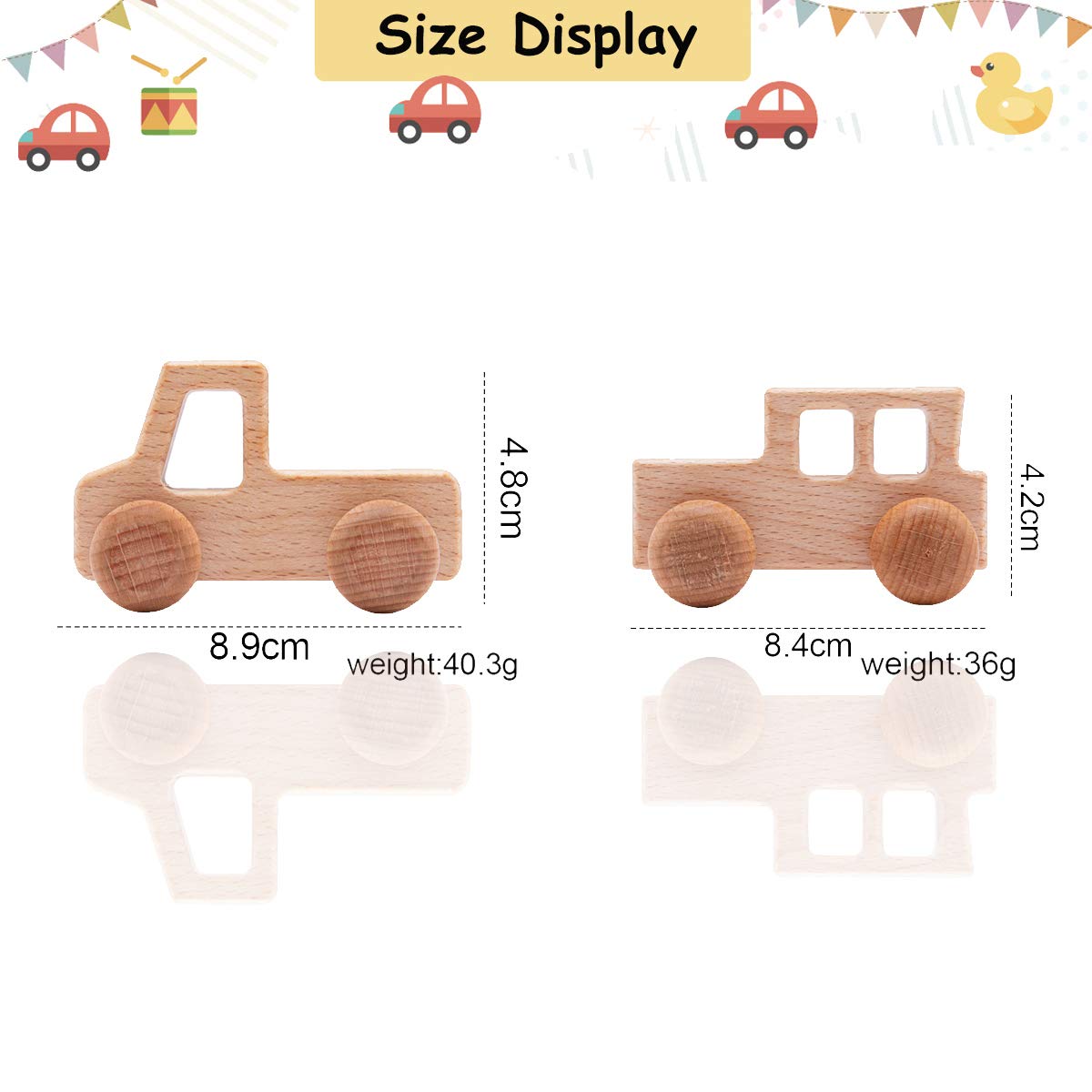 Promise Babe 2-Pack Wooden Truck Rattles – Natural Beech Teether Toy for Infants, Montessori Grasping Toy