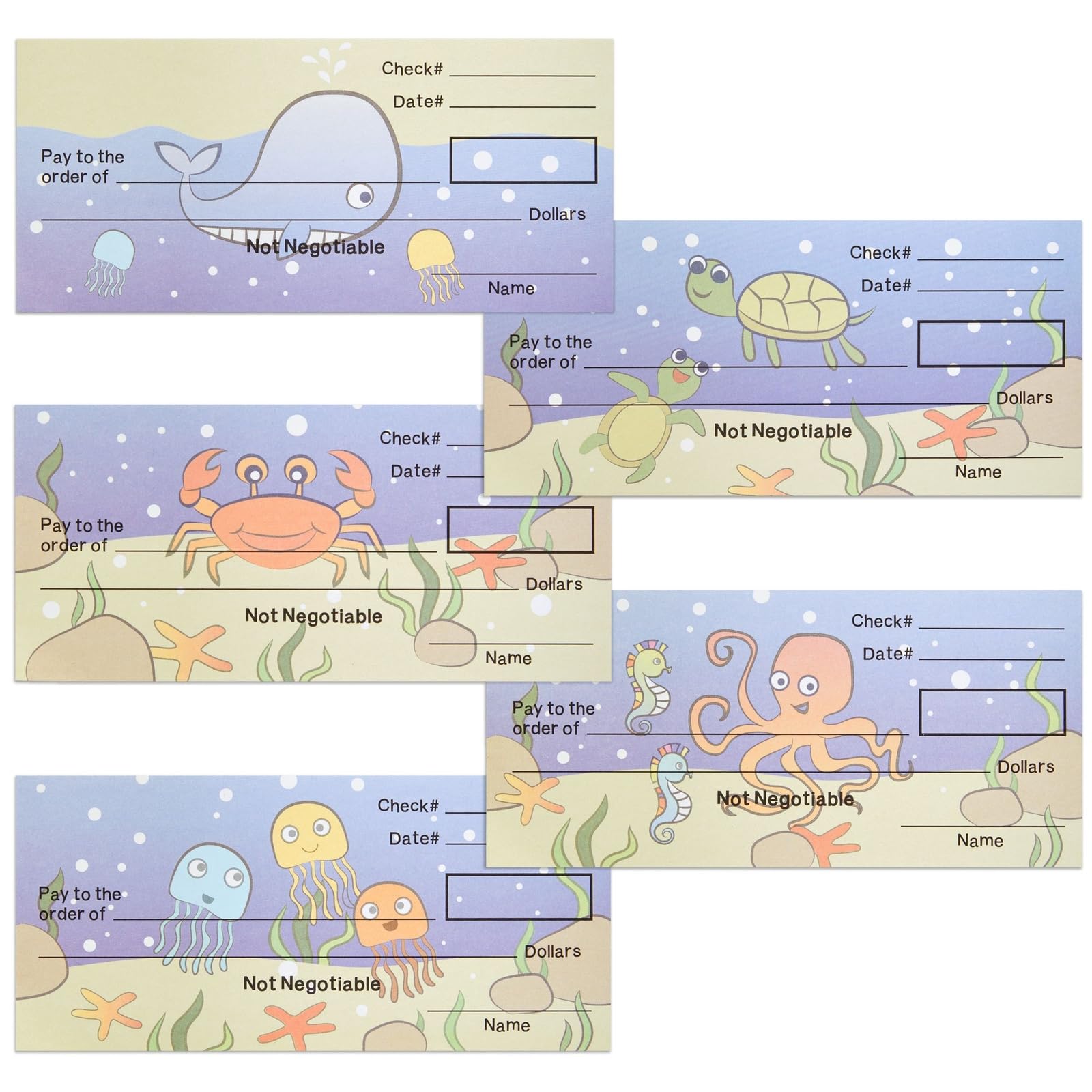 Prop Money Checkbook Set - Sea Animal Theme Fake Checks for Kids - Financial Literacy Homeschool Math Manipulatives - 150 Sheets