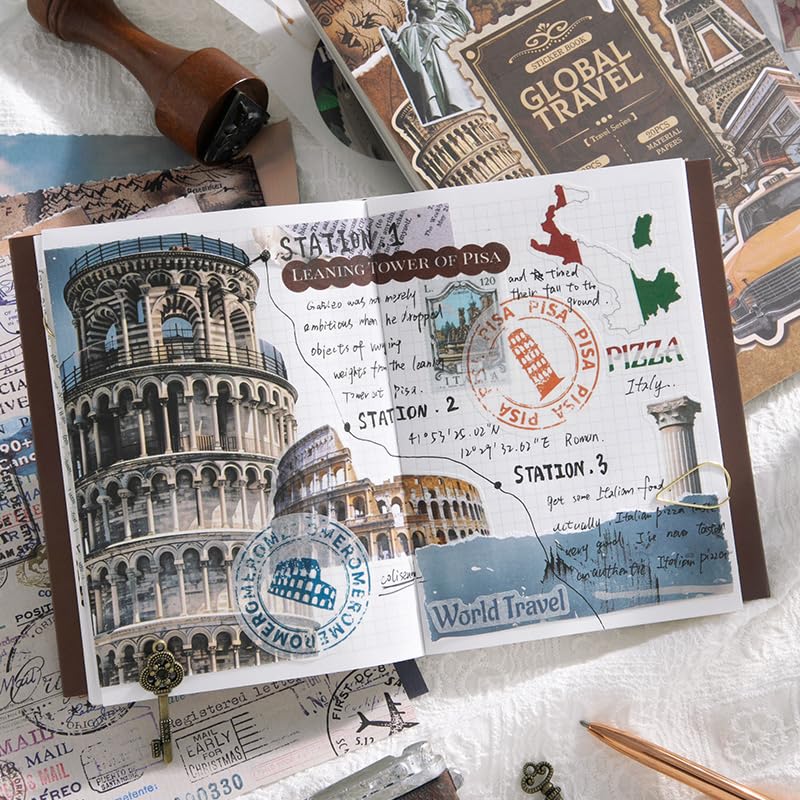 PRSTINCOL Vintage Travel Washi Stickers & Papers - 50 Sheet Ephemera Book for Scrapbooking and Art Journaling