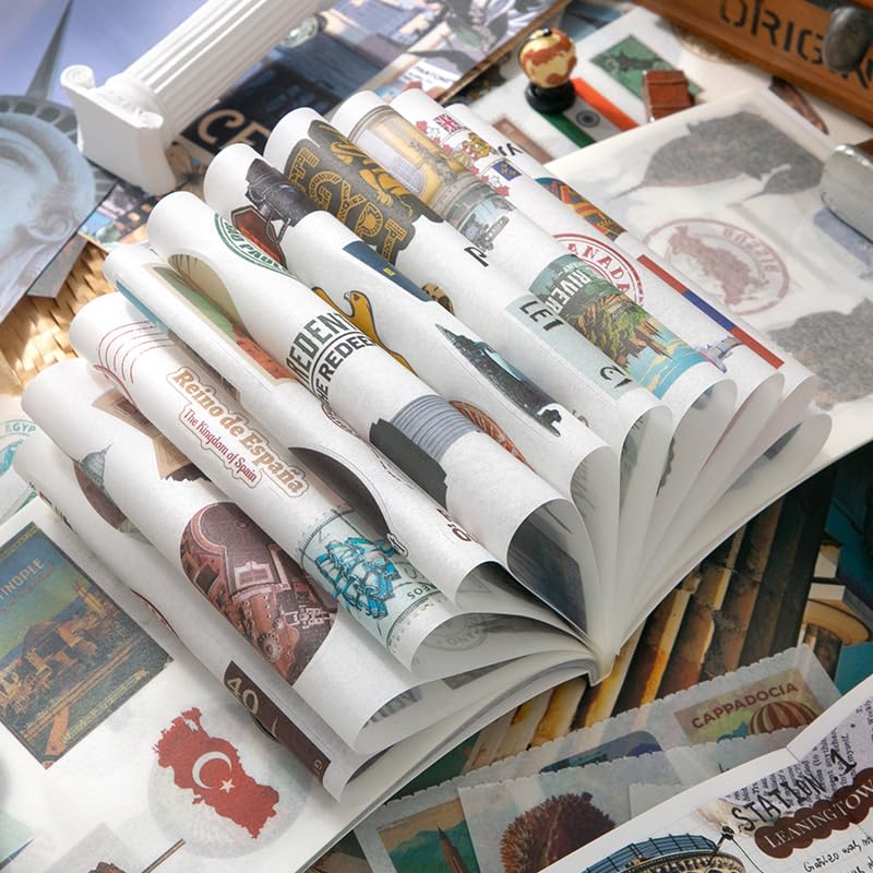 PRSTINCOL Vintage Travel Washi Stickers & Papers - 50 Sheet Ephemera Book for Scrapbooking and Art Journaling