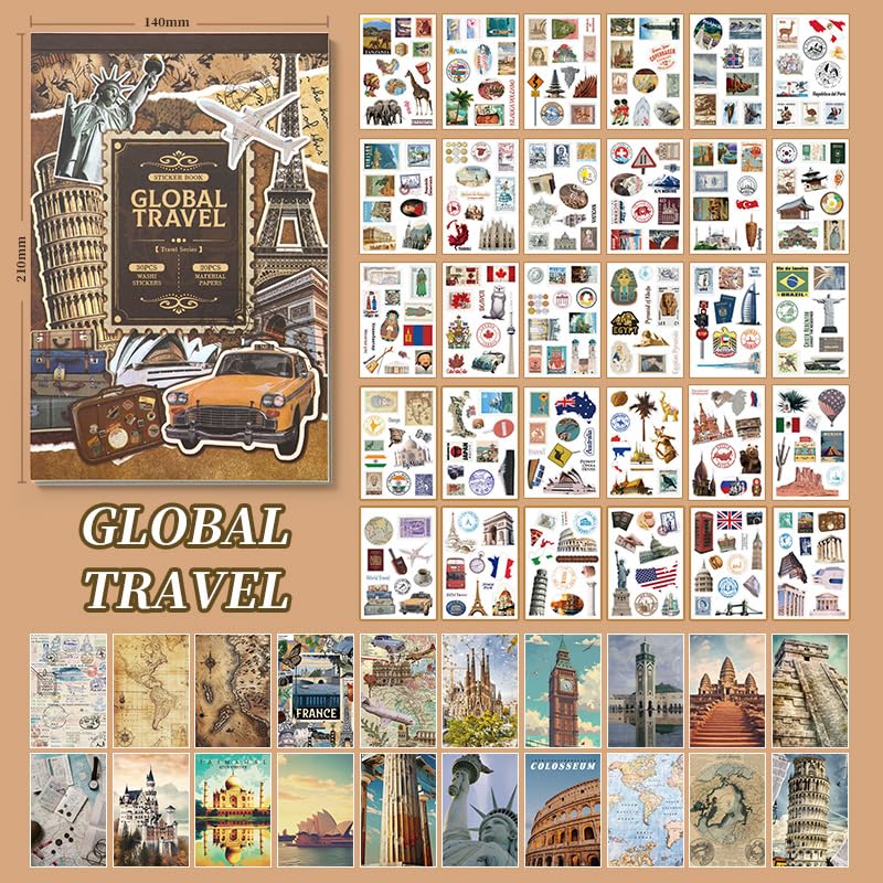 PRSTINCOL Vintage Travel Washi Stickers & Papers - 50 Sheet Ephemera Book for Scrapbooking and Art Journaling