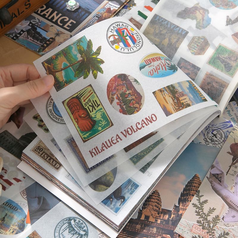 PRSTINCOL Vintage Travel Washi Stickers & Papers - 50 Sheet Ephemera Book for Scrapbooking and Art Journaling