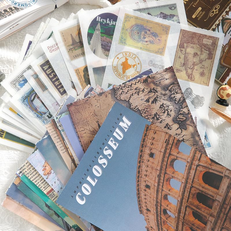 PRSTINCOL Vintage Travel Washi Stickers & Papers - 50 Sheet Ephemera Book for Scrapbooking and Art Journaling