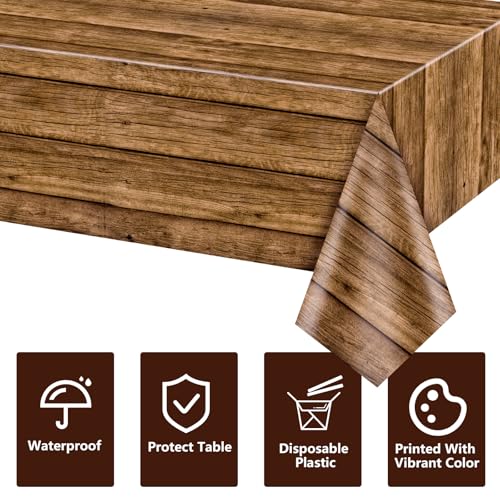 PTECDROTS 4-Pack Brown Wood Grain Tablecloths, 51x86 Inch Disposable PE Table Covers for Rustic Parties