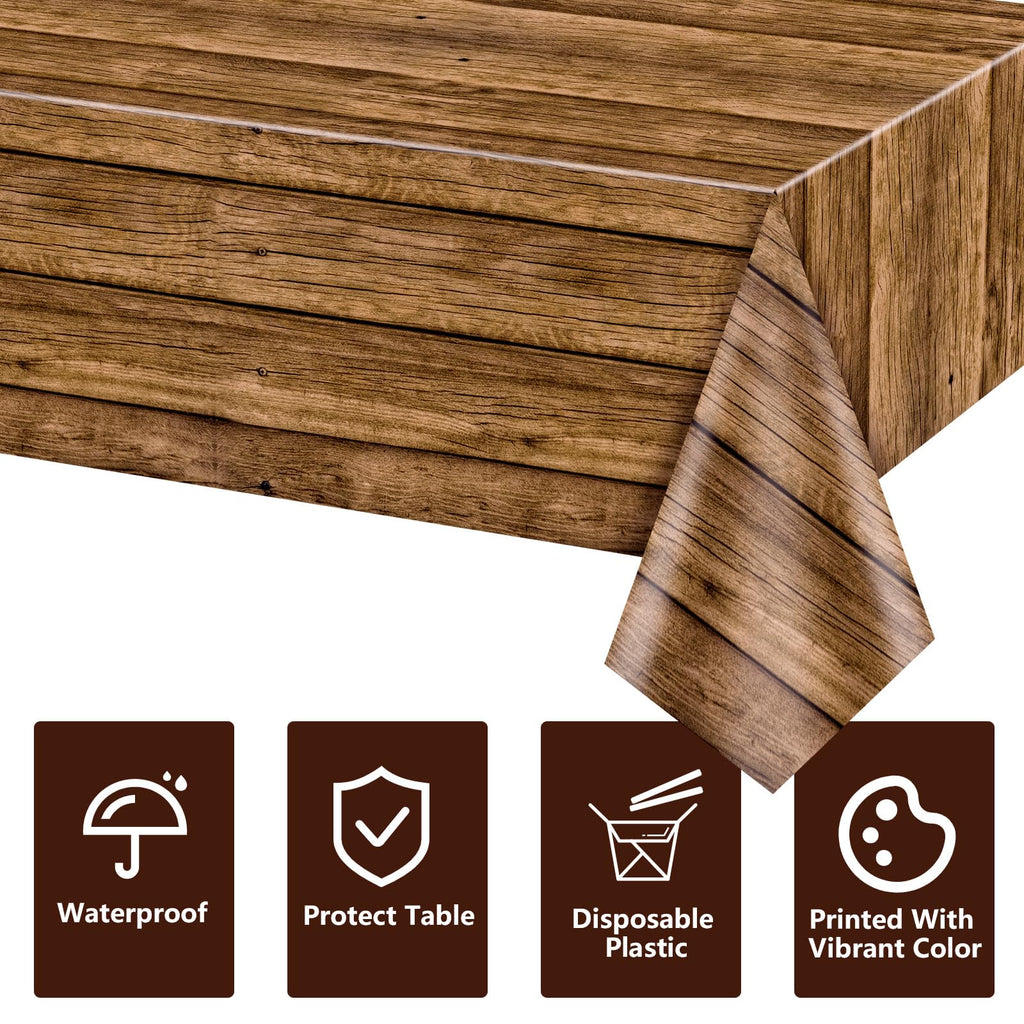 PTECDROTS 4-Pack Brown Wood Grain Tablecloths, 51x86 Inch Disposable PE Table Covers for Rustic Parties
