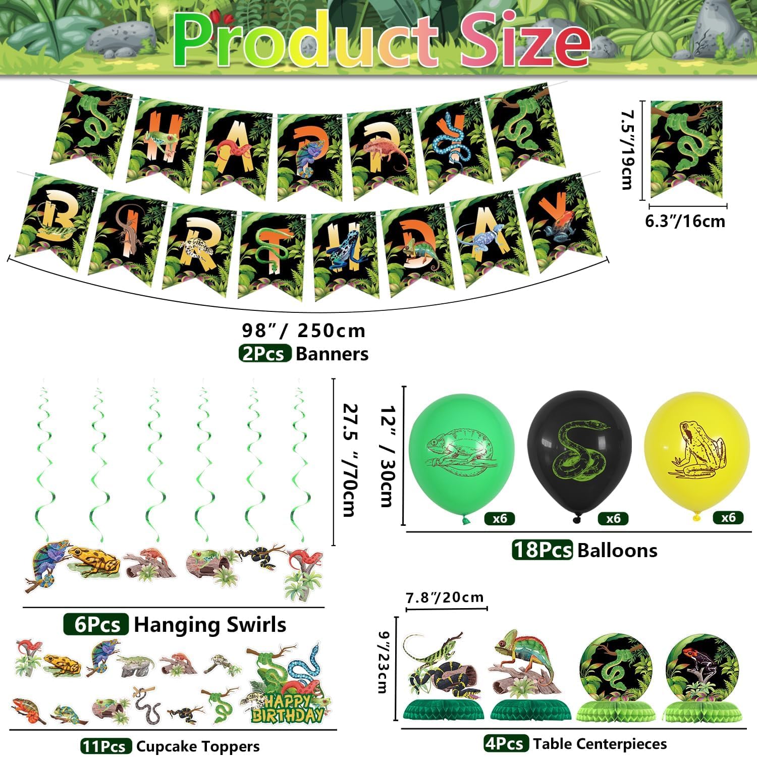 PTECDROTS Reptile Party Decorations – 42-Piece Set with Balloons, Banner, Cake Topper & Centerpieces