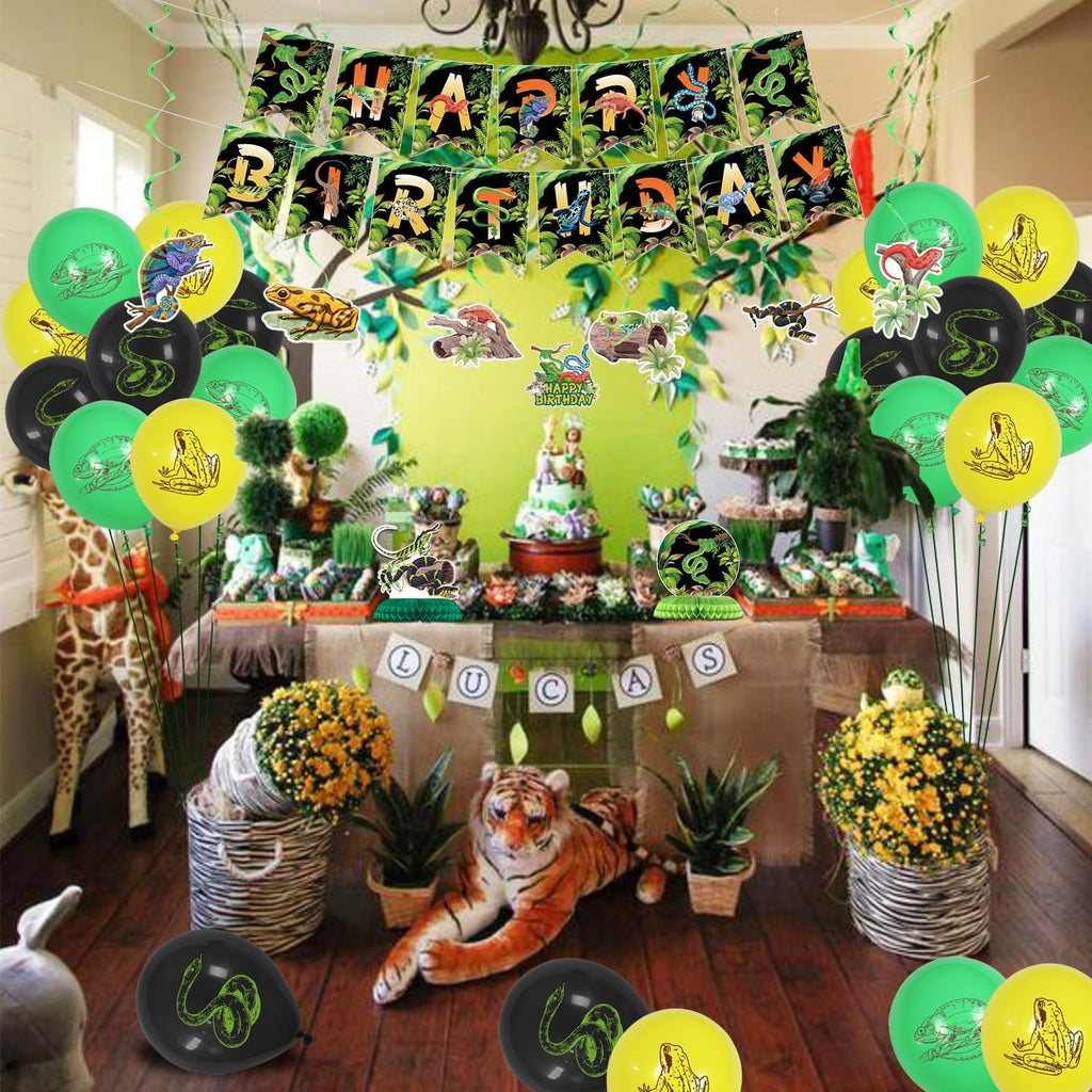 PTECDROTS Reptile Party Decorations – 42-Piece Set with Balloons, Banner, Cake Topper & Centerpieces