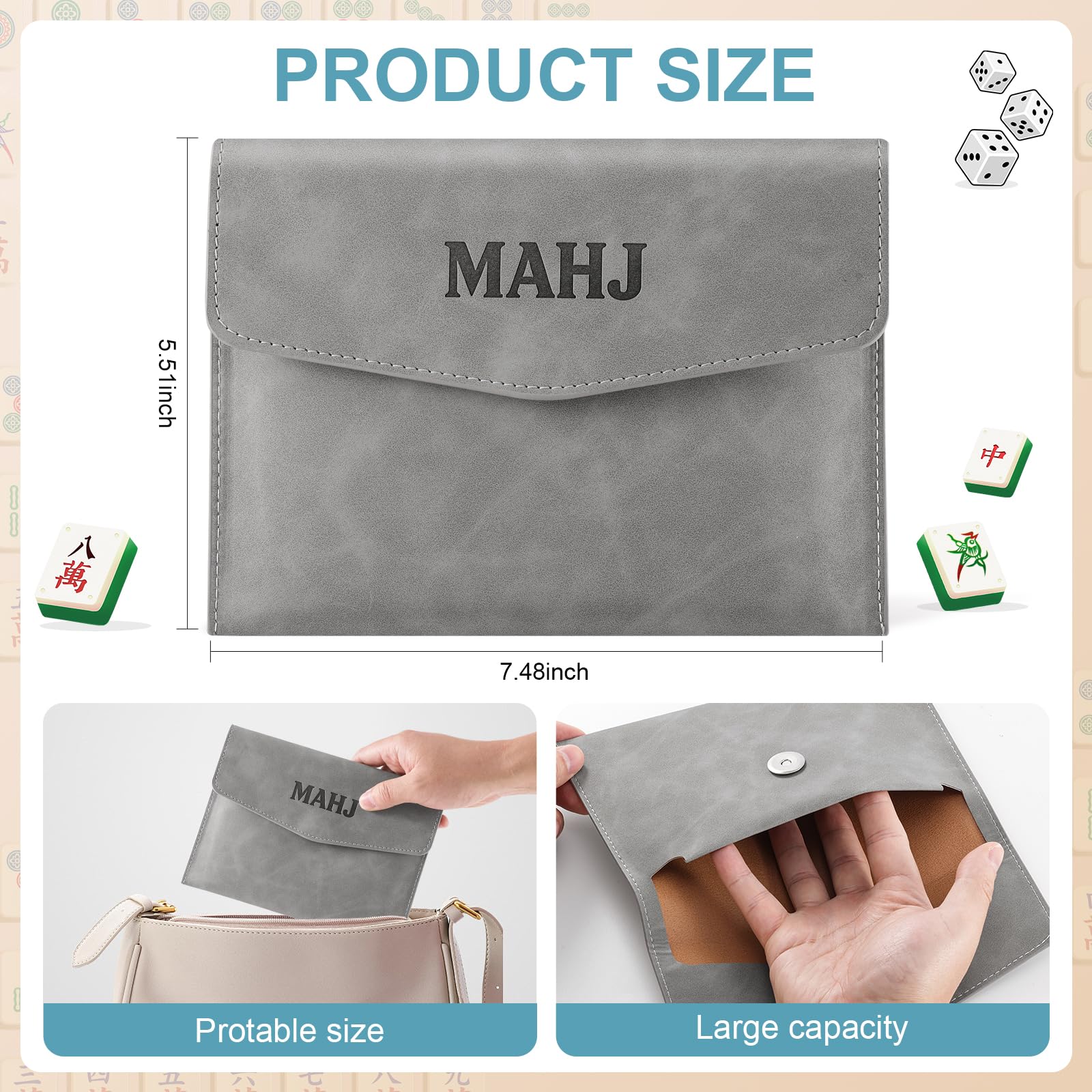 PU Leather Mahjong Card Holder with Magnetic Snap – Medium Gray