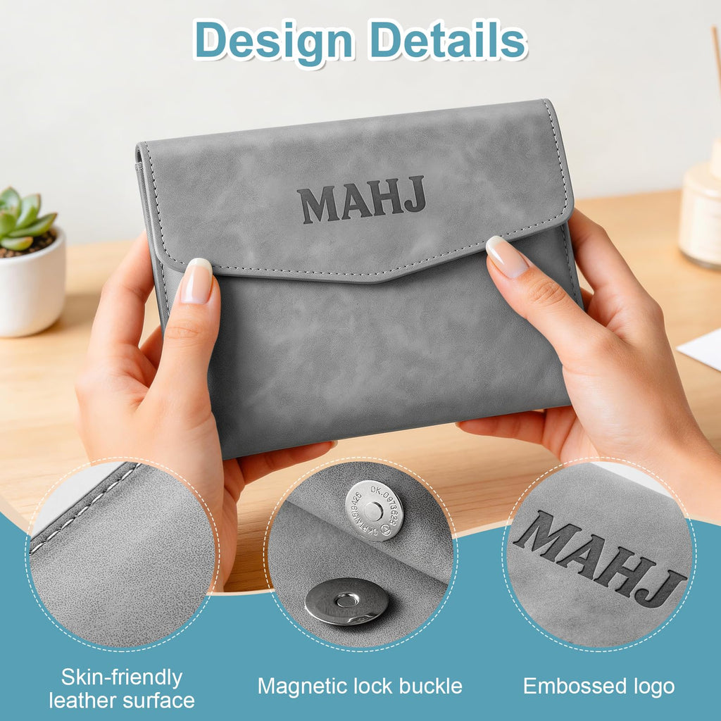 PU Leather Mahjong Card Holder with Magnetic Snap – Medium Gray