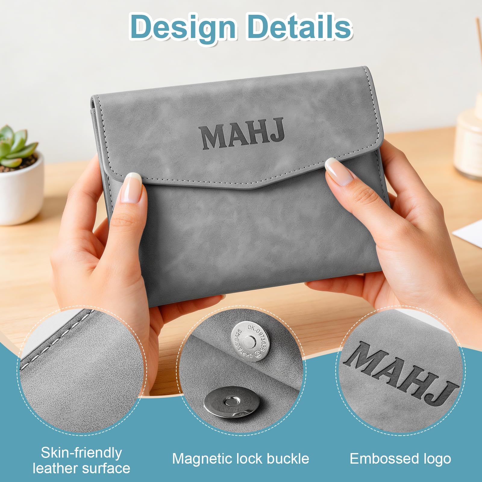 PU Leather Mahjong Card Holder with Magnetic Snap – Medium Gray