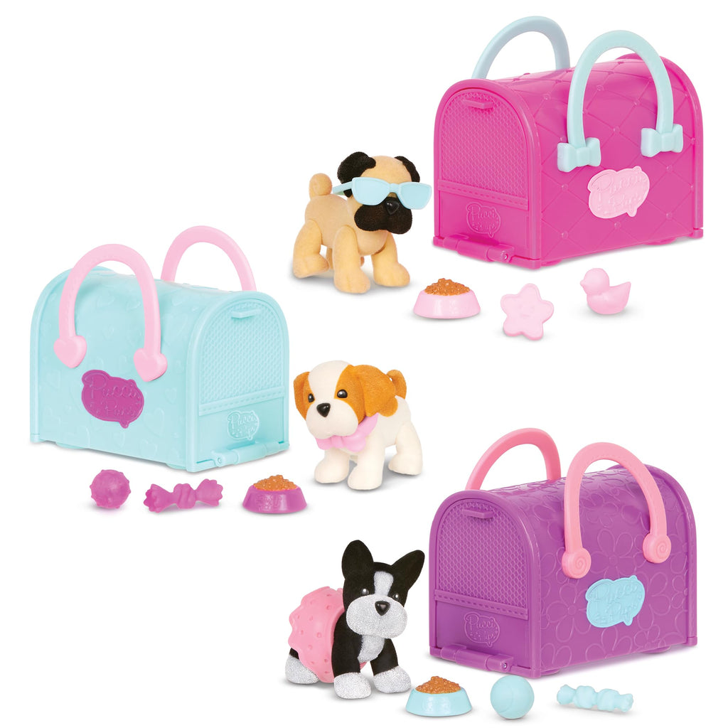 Pucci Pups 18-Piece Collectible Puppy Set – Boston Terrier, Pug, Shih Tzu with Carrier Purses and Accessories