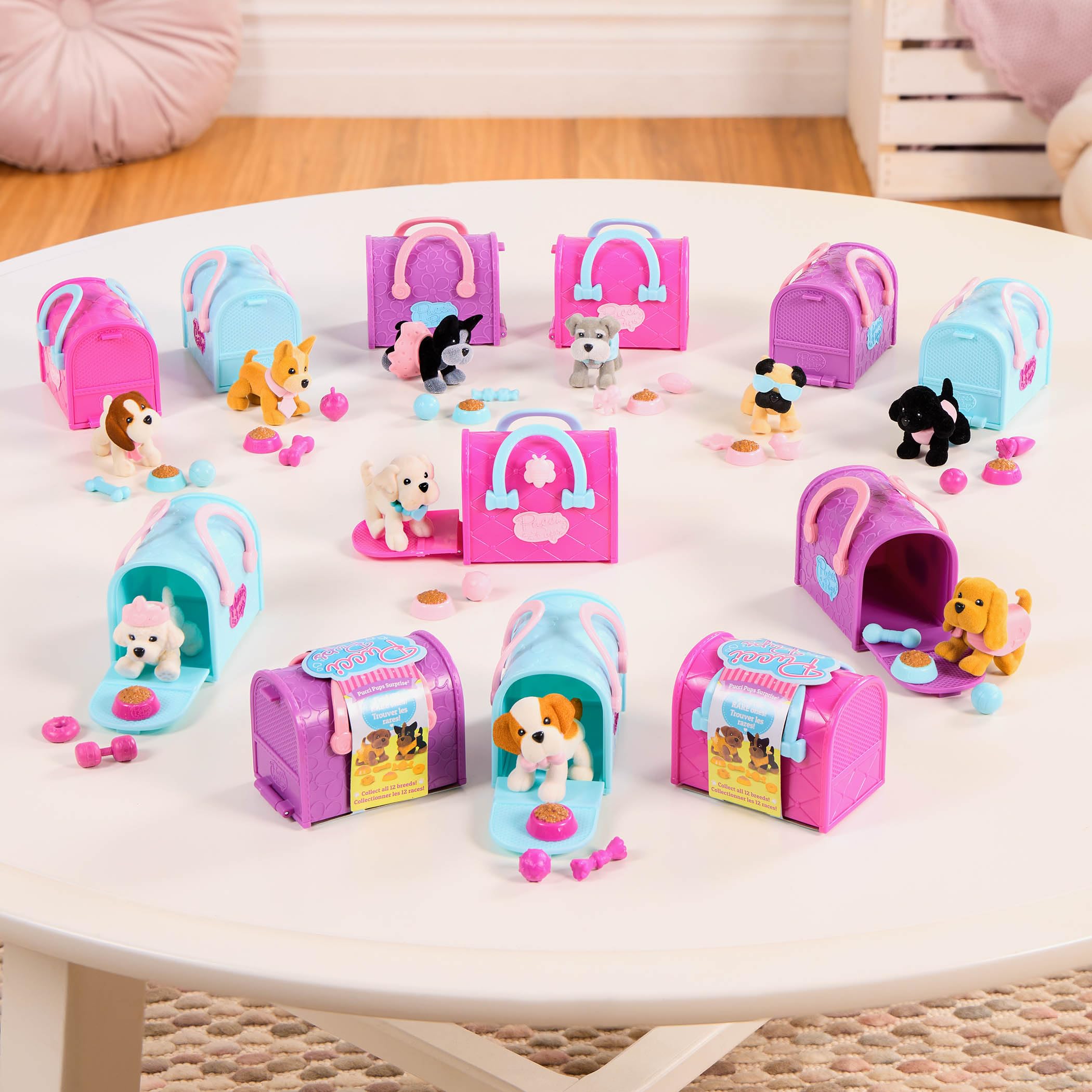 Pucci Pups 18-Piece Collectible Puppy Set – Boston Terrier, Pug, Shih Tzu with Carrier Purses and Accessories