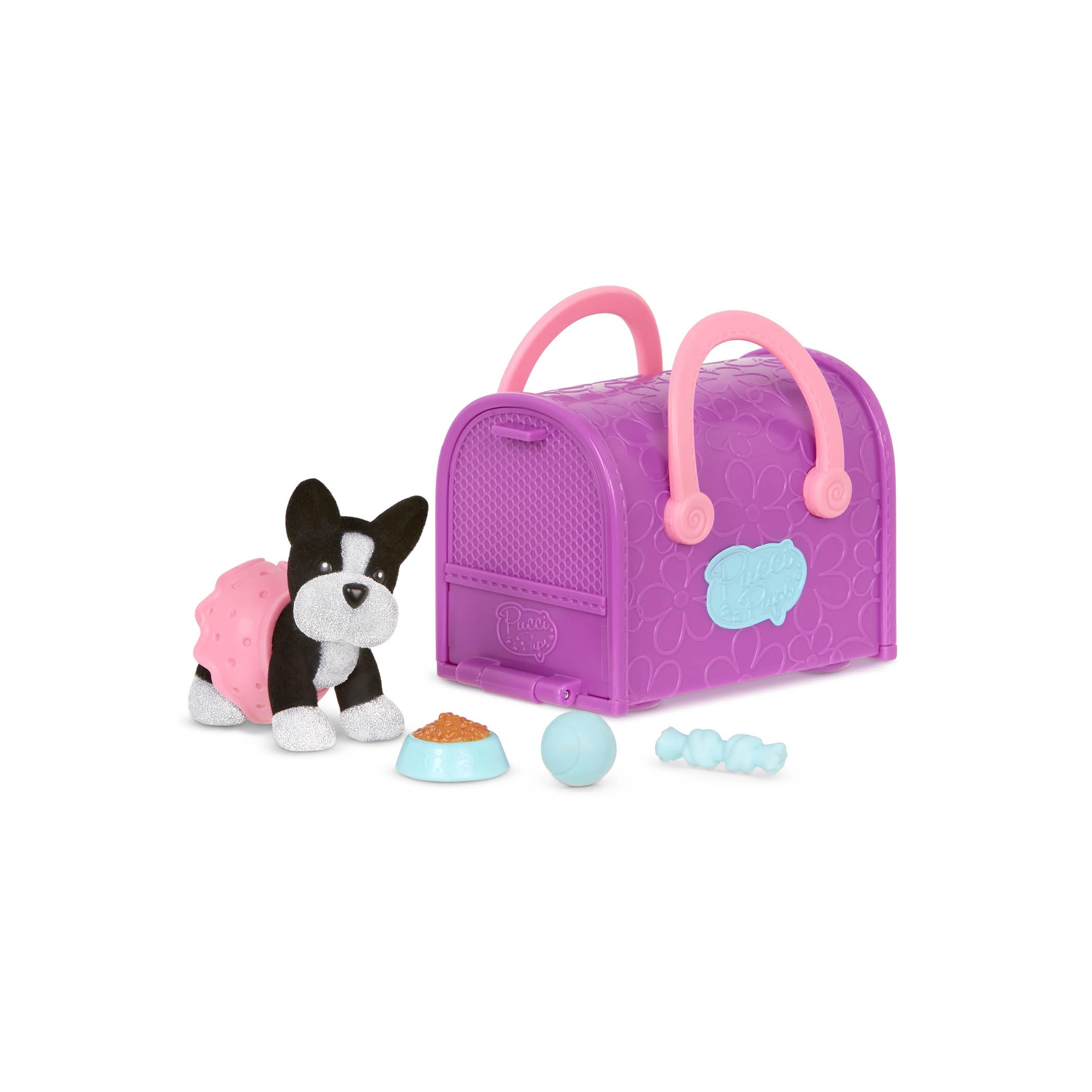 Pucci Pups 18-Piece Collectible Puppy Set – Boston Terrier, Pug, Shih Tzu with Carrier Purses and Accessories