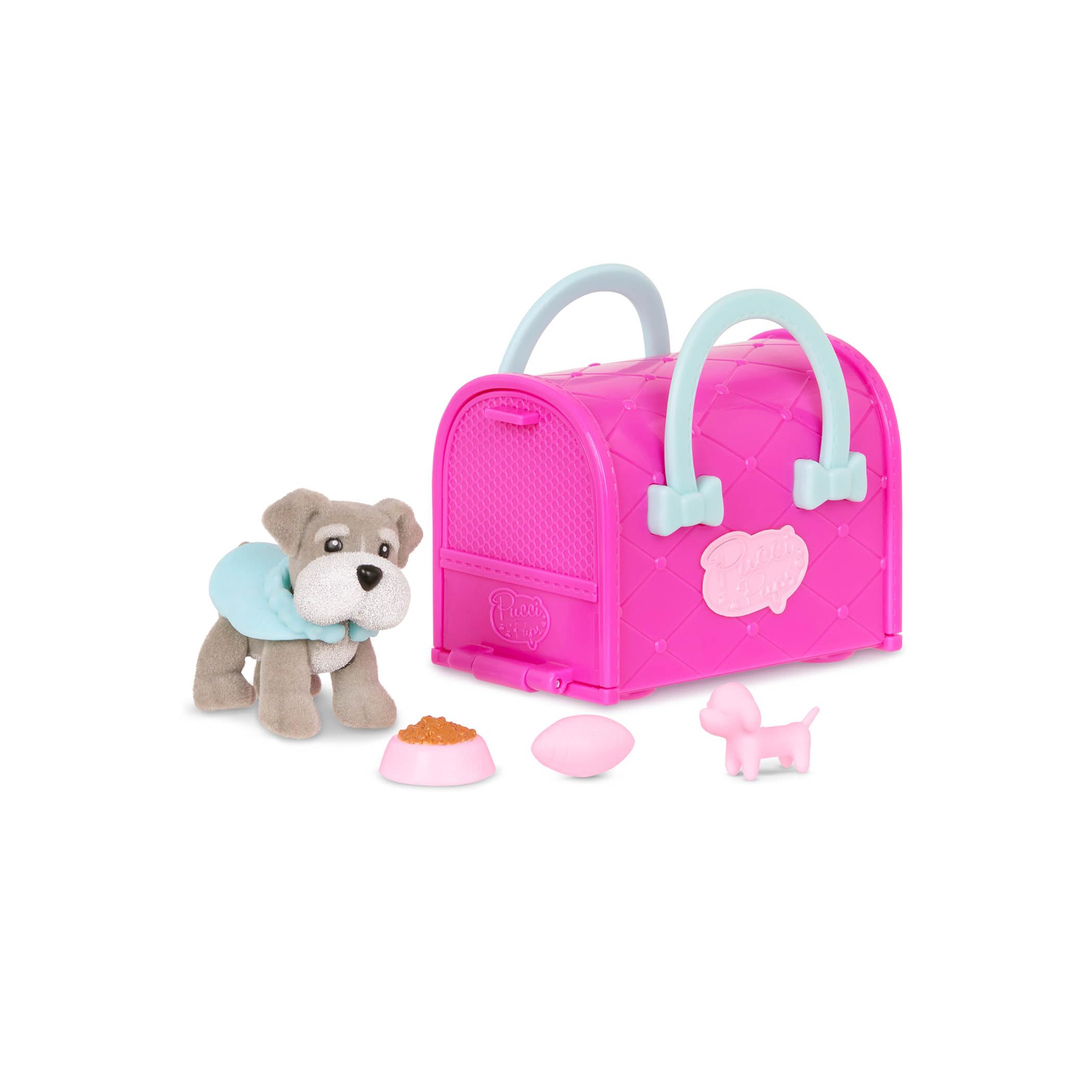 Pucci Pups Collectible Puppy Set – Beagle, Schnauzer, Poodle with Carrier Purse and Accessories – 18 Pieces