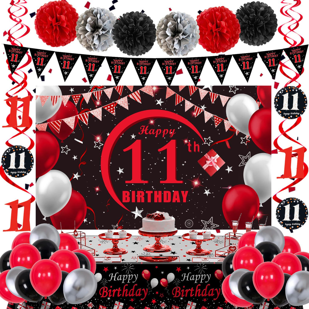 Puchod 11th Birthday Decorations Red Black Set – Backdrop Banner, Tablecloth, Balloons for Boys Girls