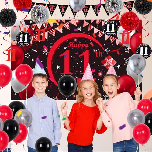 Puchod 11th Birthday Decorations Red Black Set – Backdrop Banner, Tablecloth, Balloons for Boys Girls